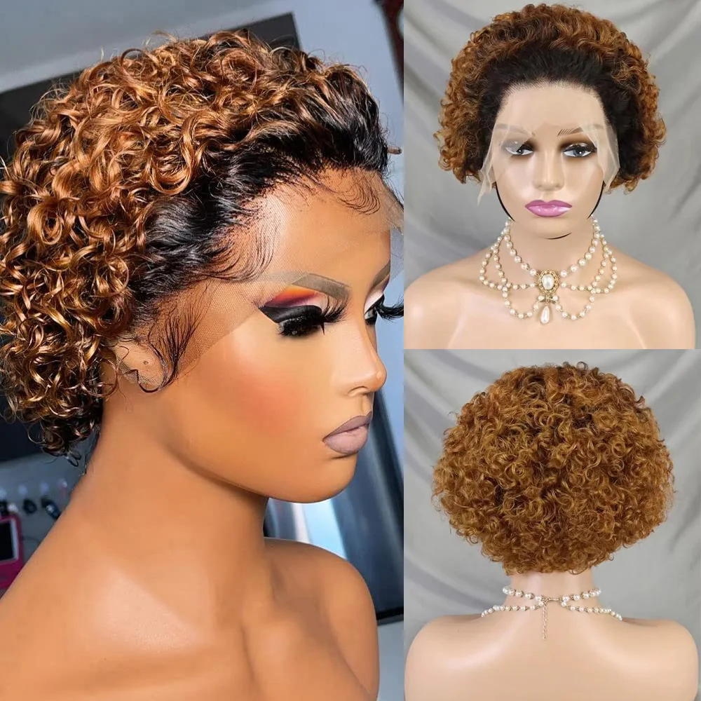 Pixie corte peruca curto bob perucas de cabelo humano loira borgonha 1b 30 cor marrom 13x1 peruca de renda transparente para mulher cor natural remy