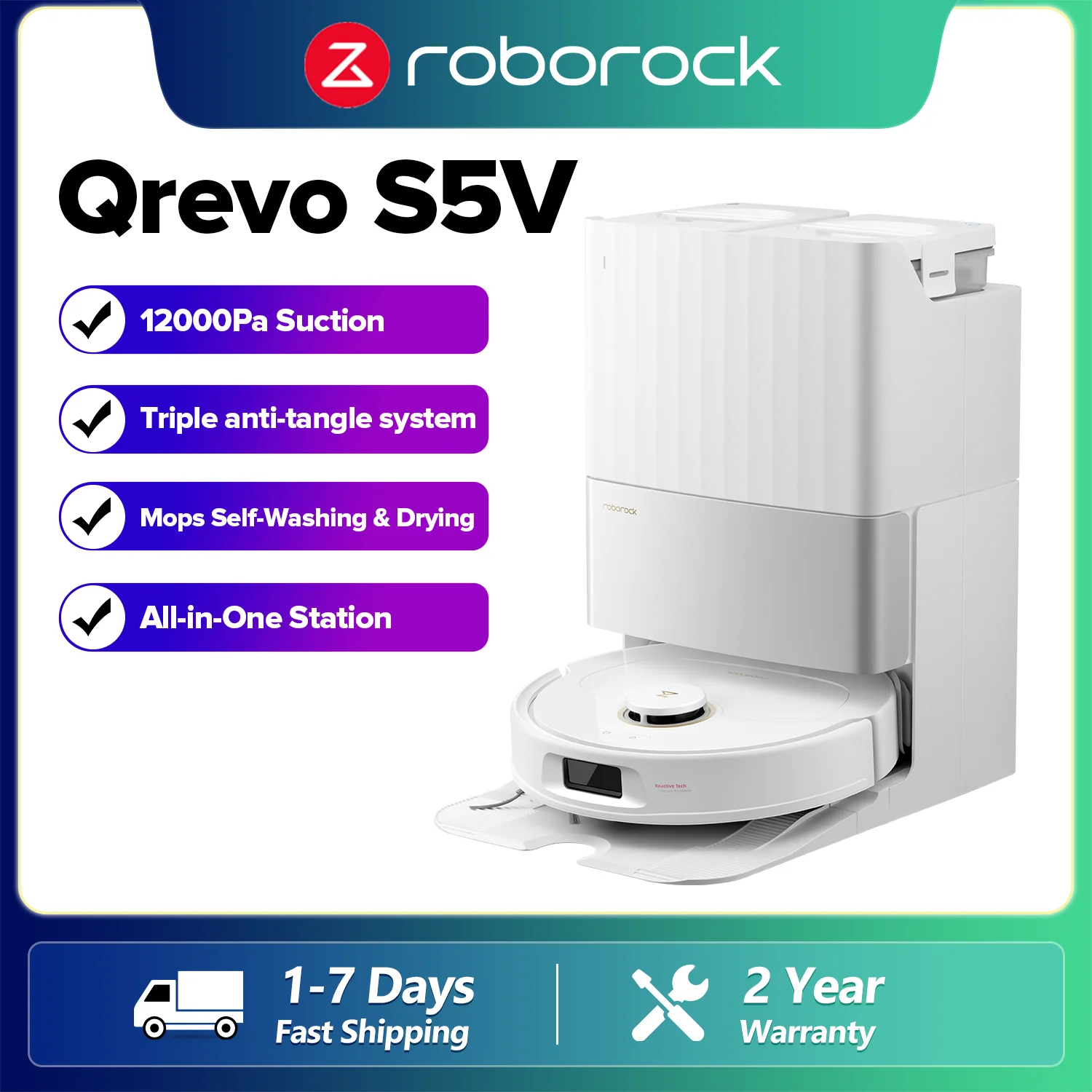 Roborock Qrevo S5V Robot aspirador y trapeador, 12000Pa, cepillos duales antienredos, lavado y secado de fregona automática, vaciado y recarga