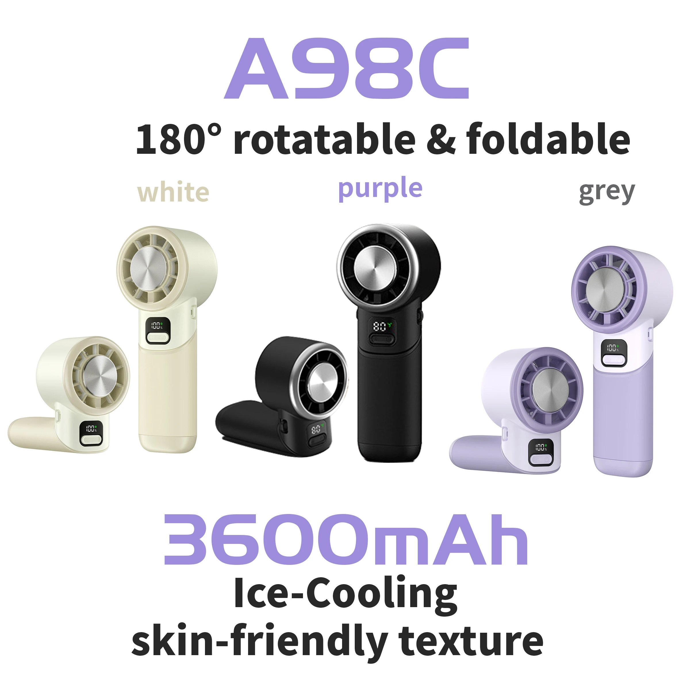 

A98C Foldable Cooling Fan with Digital Display, 4000mAh Rechargeable Portable Fan, 100-Speed High Wind for Travel & Office