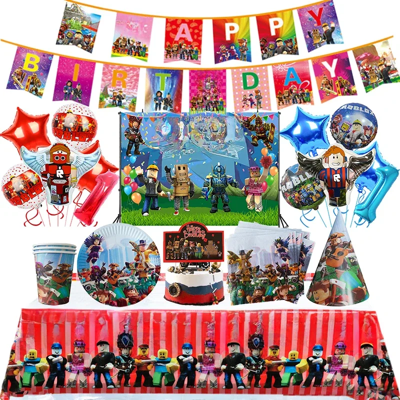 Roblox decorações de festa de aniversário, fornecimento de jogo roblox, balões de festa, talheres