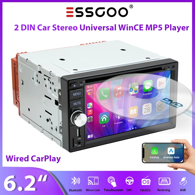 ESSGOO 6,2" 2 DIN Autoradio Universal WinCE MP5-Player Kabelgebundenes Carplay Android Auto CD DVD AUX FM Bluetooth USB Mirror Link Lenkradsteuerung Touchscreen Multimedia-Player