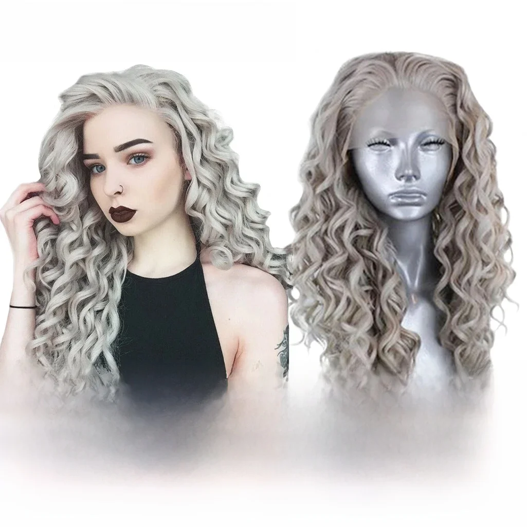 AIMEYA Synthetische lange tiefe Wellen-Lace-Front-Perücke für Frauen, grau, lockig, freier Teil, natürlicher Haaransatz, bunt, Cosplay, tägliche Party-Perücken