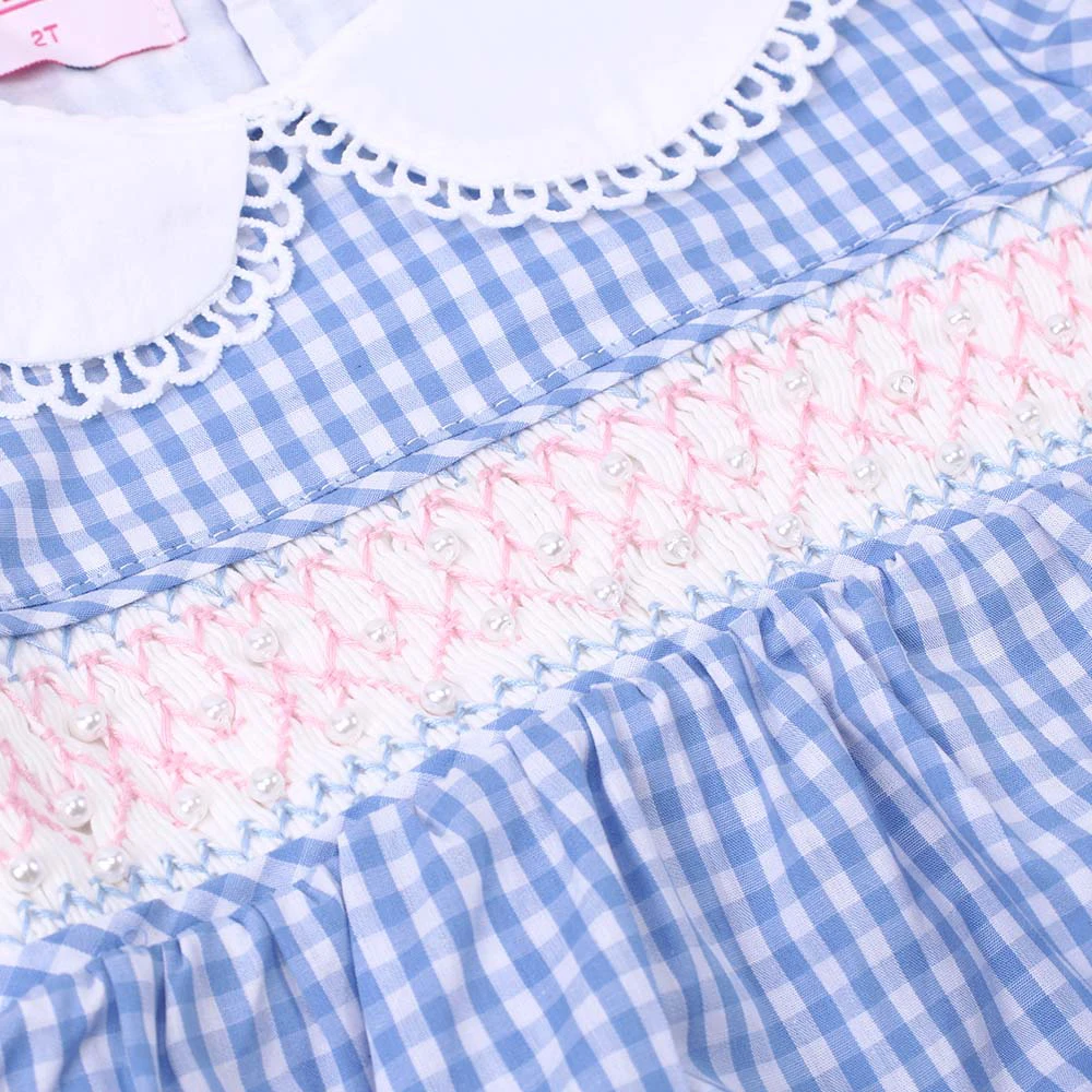 Vestido de manga corta para niña, mono de cuello redondo, adorno de perlas pequeñas, mono de celosía azul, ropa de una pieza, Verano