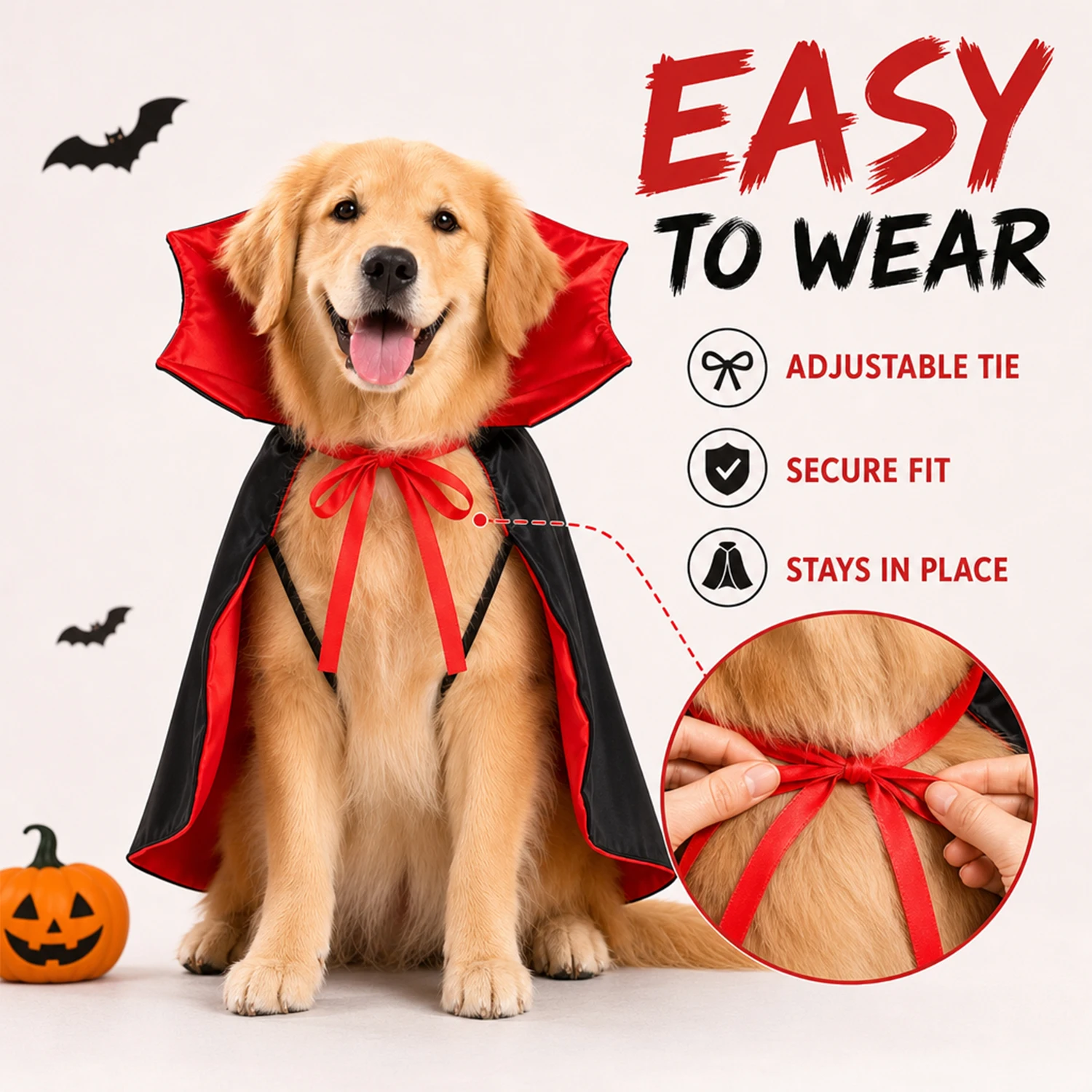 Halloween-Vampirumhang für Hunde und Katzen, schwarzer, roter Zaubererumhang, Haustierkostüm mit verstellbarer Krawatte, gruseliges Verkleidungs-Outfit. – Detail 5
