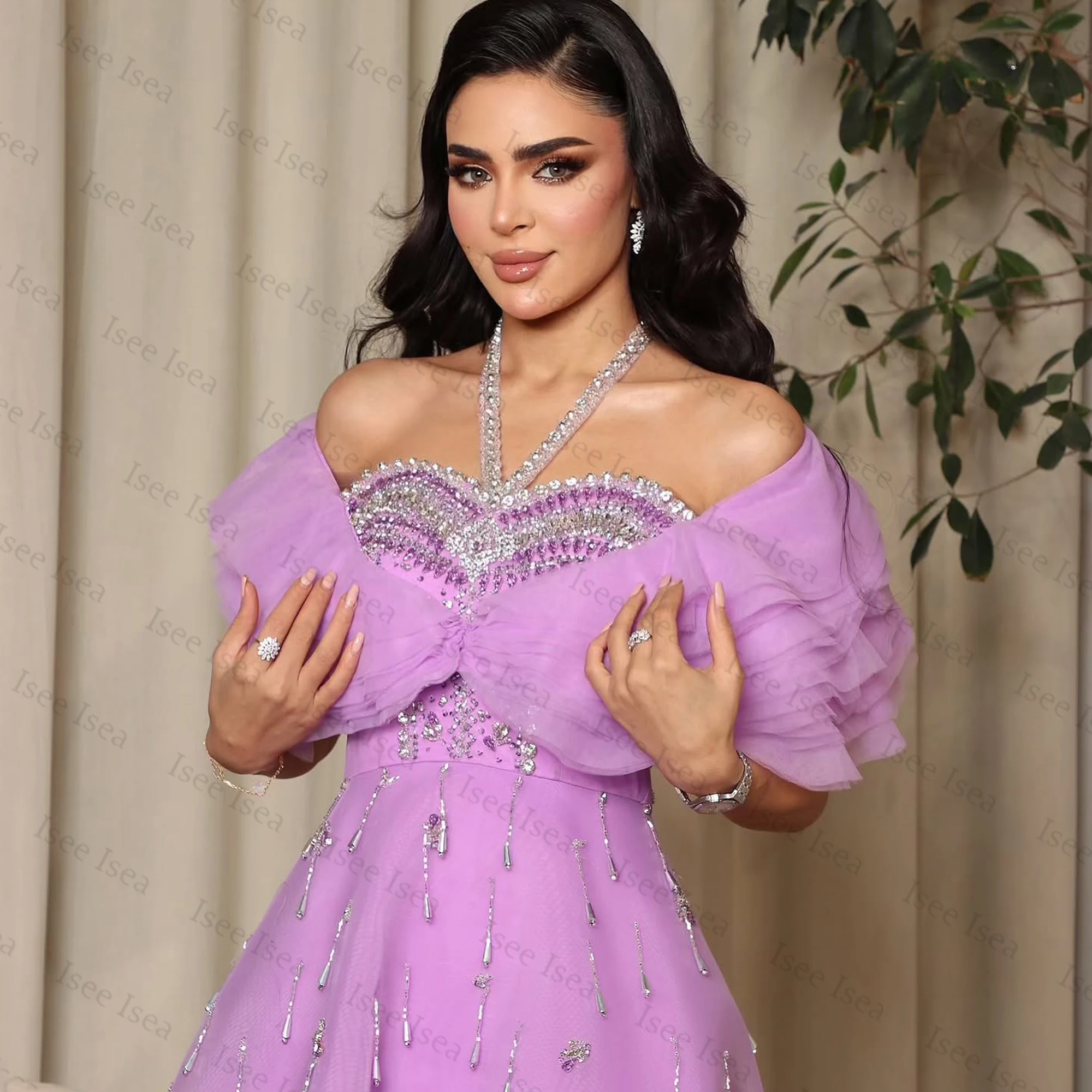 المملكة العربية السعودية كريستال لافندر فساتين السهرة حورية البحر شرابة الديكور فساتين الزفاف قبالة الكتف فستان الحفلة الراقصة ألف خط طول الكاحل