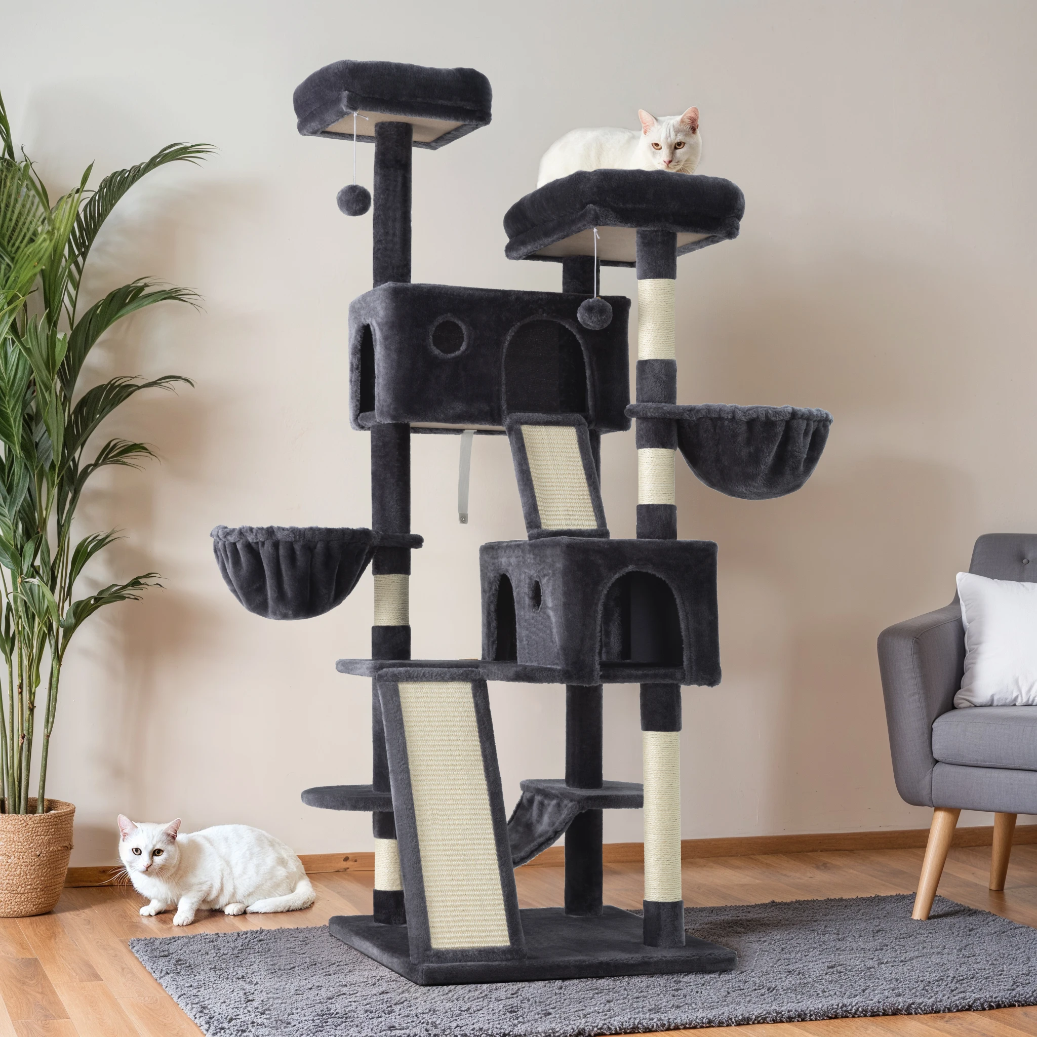 

HOOMIC 65in Multi-Level Large Cat Tree Tower/Cozy Plush Cat Perches/Cat Condo with Baskets/Sisal Scratching Post Allewie