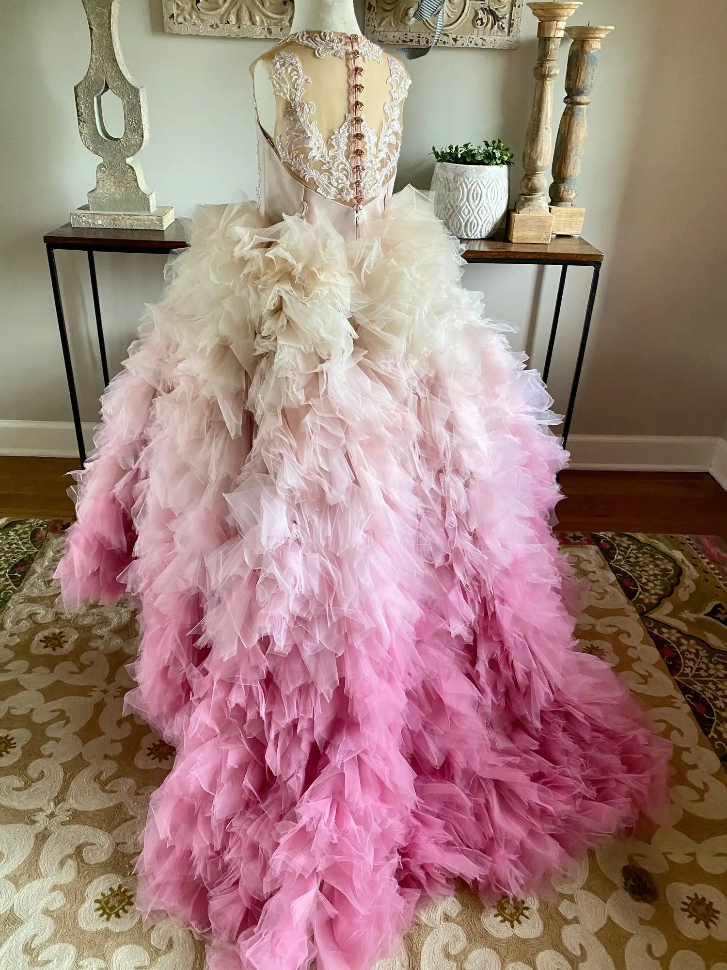 Ombre pembe çiçek kız elbise Photoshoot dantel çöp çocuklar için Pageant elbise doğum günü partisi düğün ilk cemaat elbise