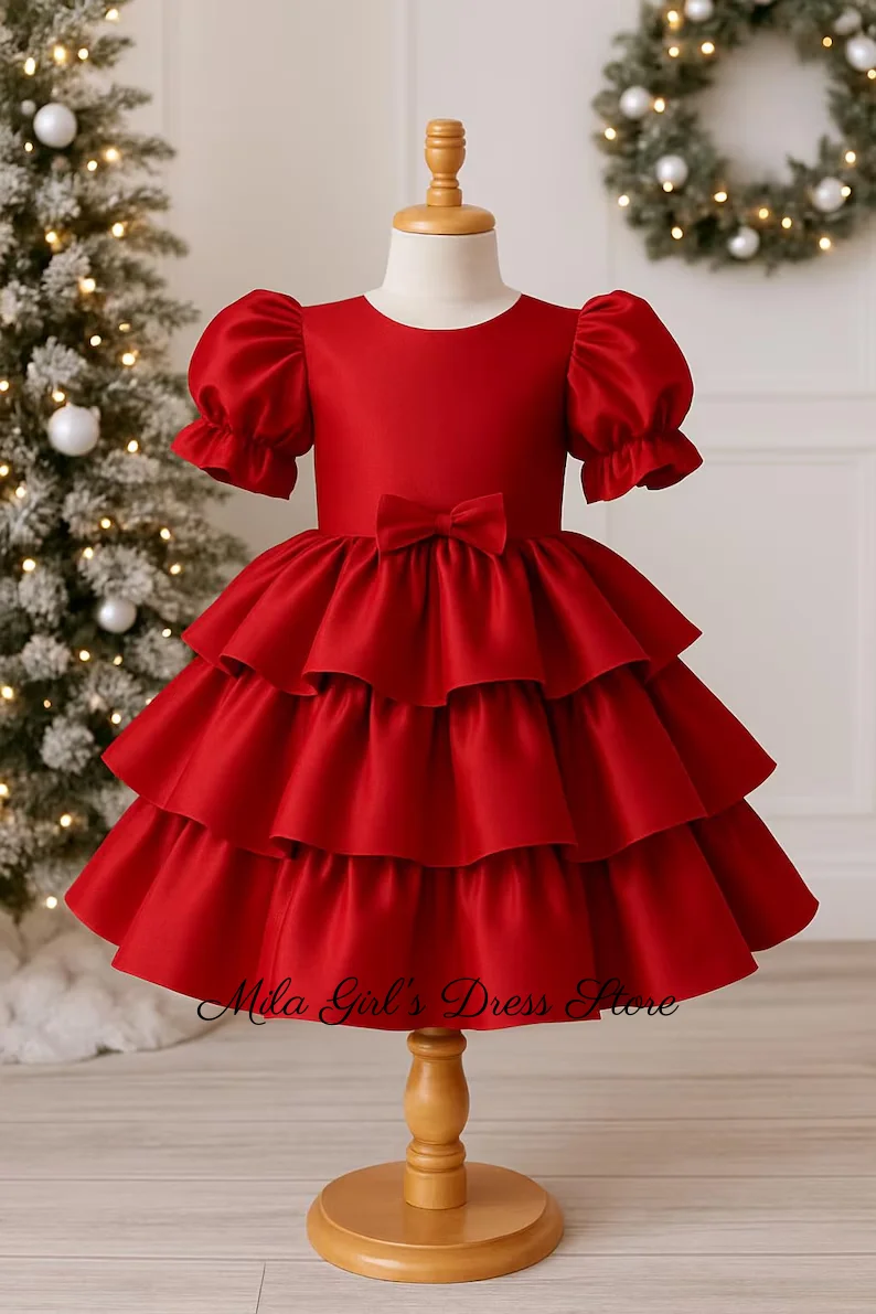 Short Sleeve Red Flower Girl Dresses Satin Tiered Wedding Christmas Puffy Sleeves Elegant Infant Toddler Junior Holiday Dress