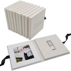 Off- white Linen USB boxes with photo frame - Personalized Flash Drive Case - Newborn/Wedding Photography Packaging