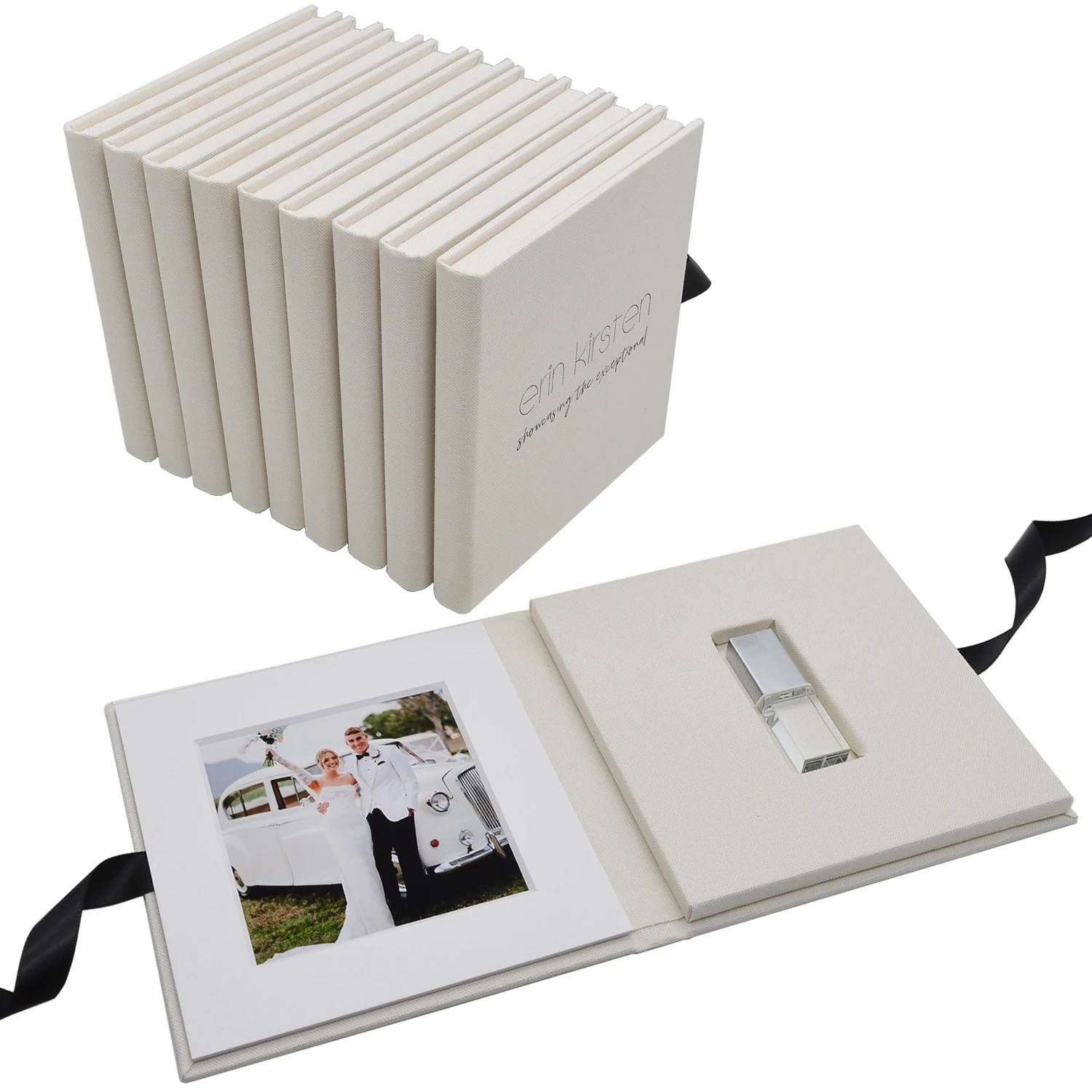 Off- white Linen USB boxes with photo frame - Personalized Flash Drive Case - Newborn/Wedding  Photography Packaging