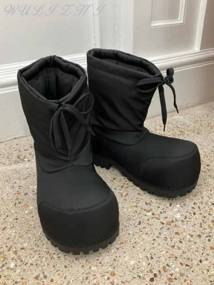 Botas de neve de fundo grosso para mulheres, botas grandes com renda casual, antiderrapante quente, botas curtas, série de esqui, moda