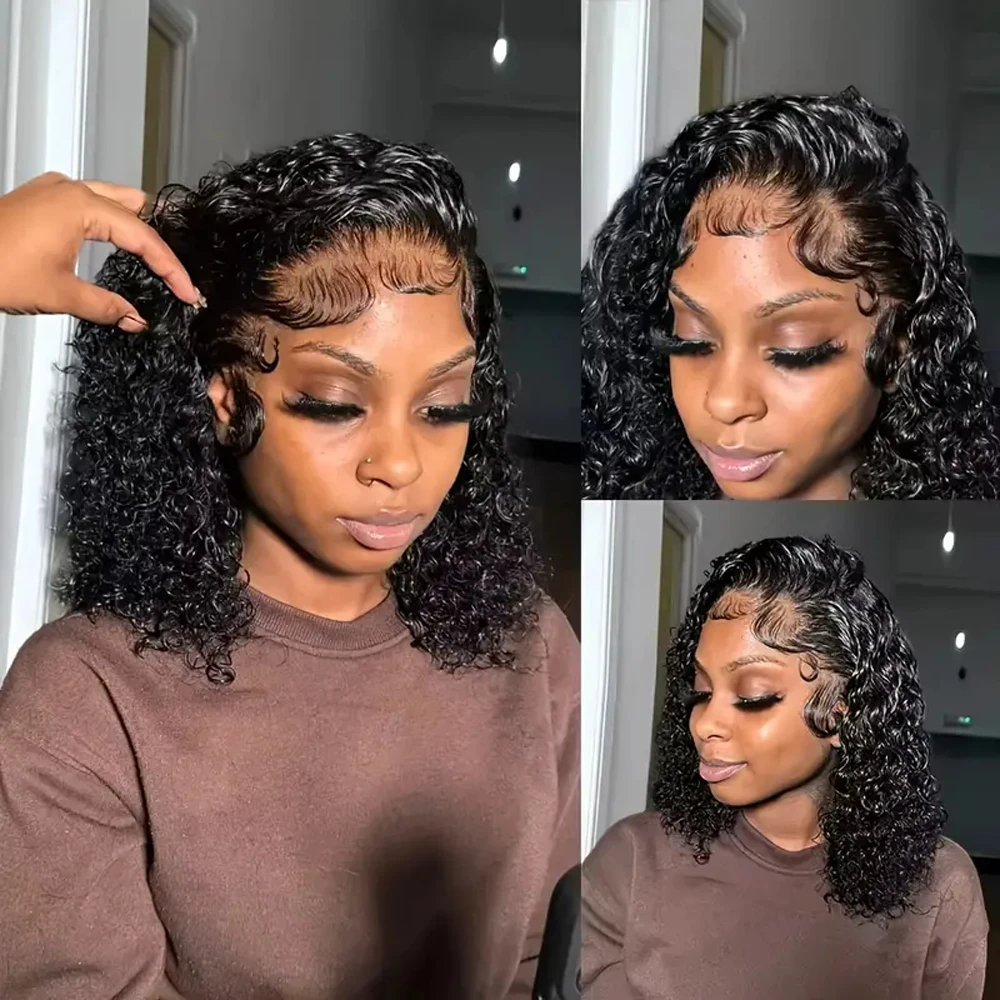 Deep Wave Short Bob Lace Frontal Human Hair Wigs 13x4 Transparent Lace Front Curly 4x4 Lace Closure Wigs For Women 200% Density