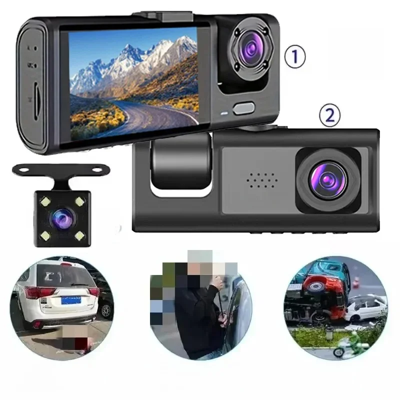 Dashcam mit IR-Nachtsicht-Loop-Aufzeichnung und 2 Zoll IPS-Bildschirm 1080P 3-Kamera, DVR-Recorder, Videorecorder, Fahrzeug-DVR