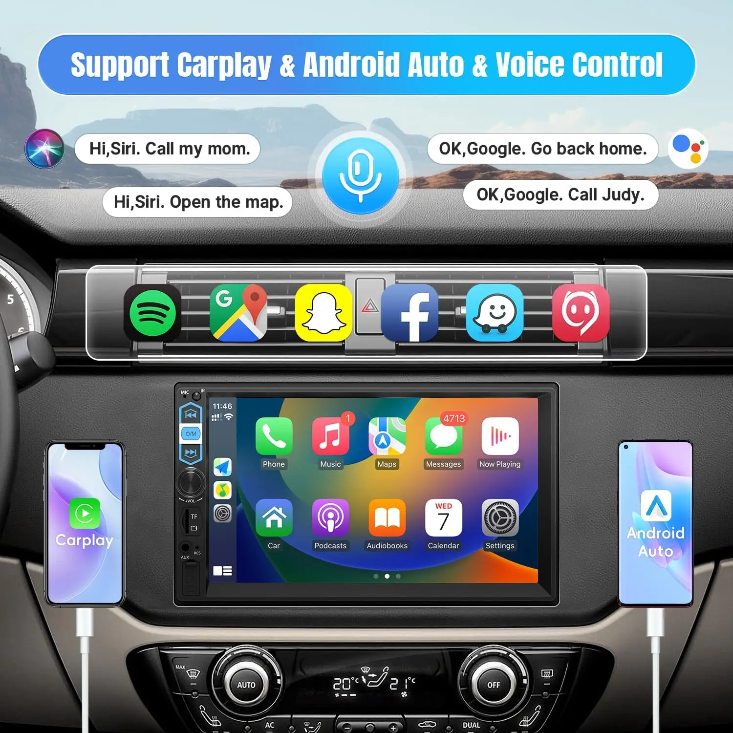 New 7 Inch Car Radio Receiver 2 Din HD TouchScreen Car Video Player Support CarPlay Android Auto with Rear Camera Voice Control