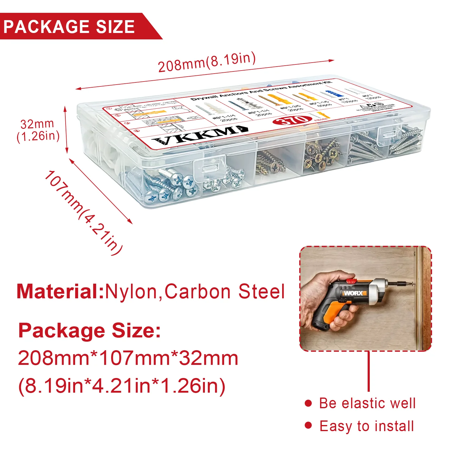 VKKM 370Pcs Drywall Wall Anchors and Screws Assortment Kit, 6 Grids Clear Plastic Storage Box, Multi Size Nylon Expansion Plugs Carbon Steel Self Tapping Screws for Concrete Drywall Plaster Wood Home DIY Mounting