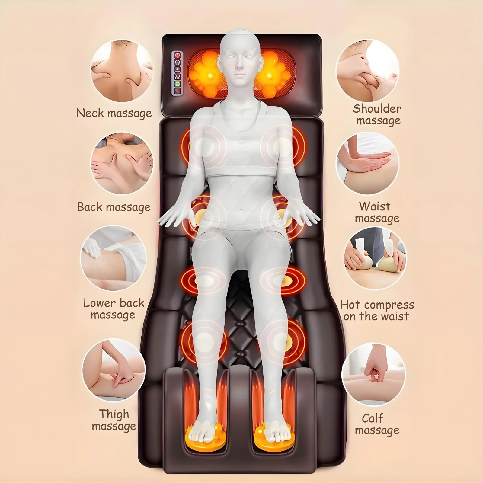 Comprehensive Massage Mat for The Entire Body, Targeting Shoulders, Neck, Waist, Back, And Legs. Features Full Coverage Massage, Made with Leather Materials, Includes a Detachable Neck Massage Cushion, Ideal Gift for Family