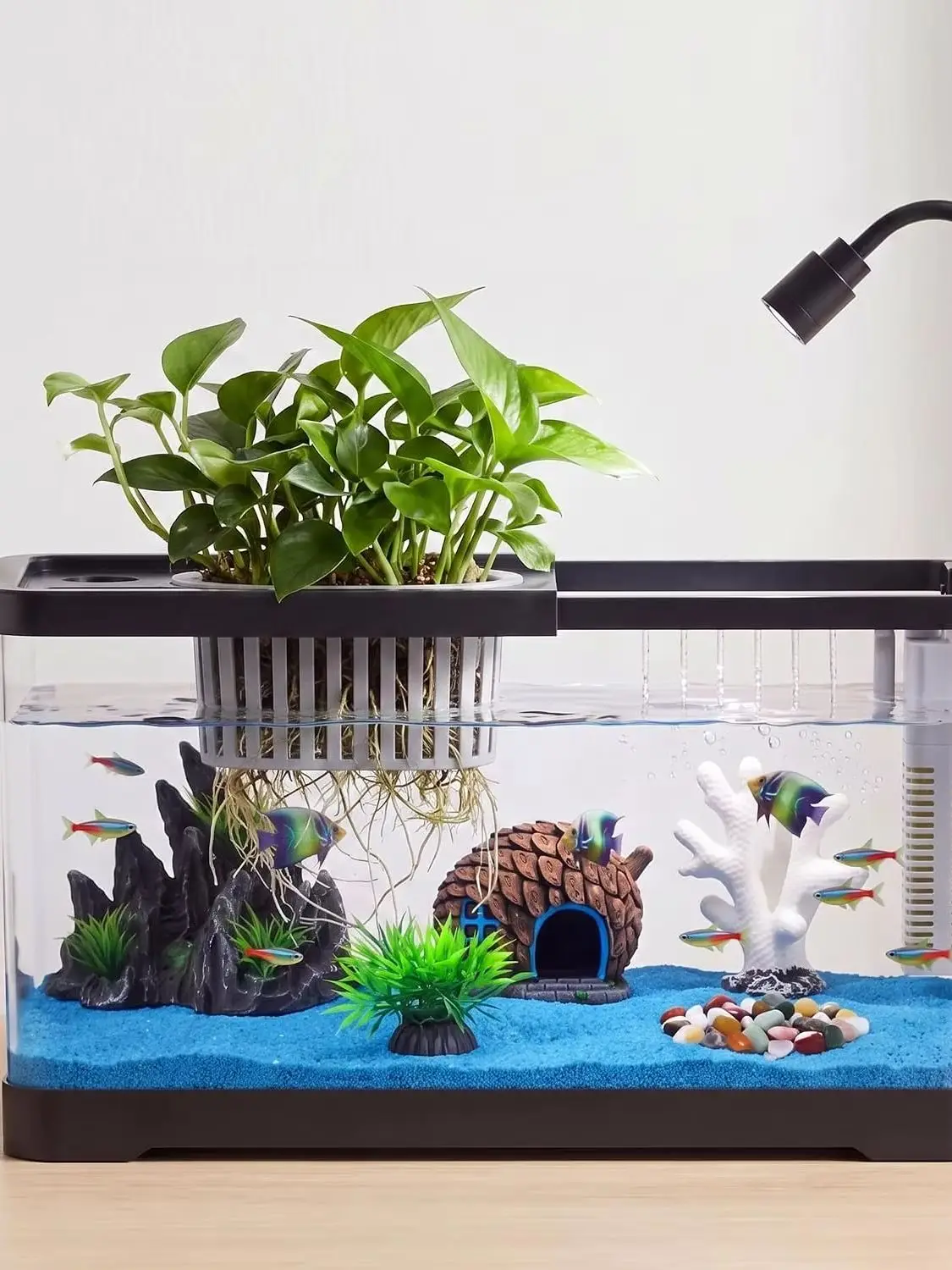 Desktop-Aquarium-Starter-Set mit USB-LED-Beleuchtung & Geräuscharmem Filter, Kleines Betta-Fischbecken mit Hydroponik-Korb & Dekoration, Hochtransparentes Mini-Aquarium für Büro, Schlafzimmer,
