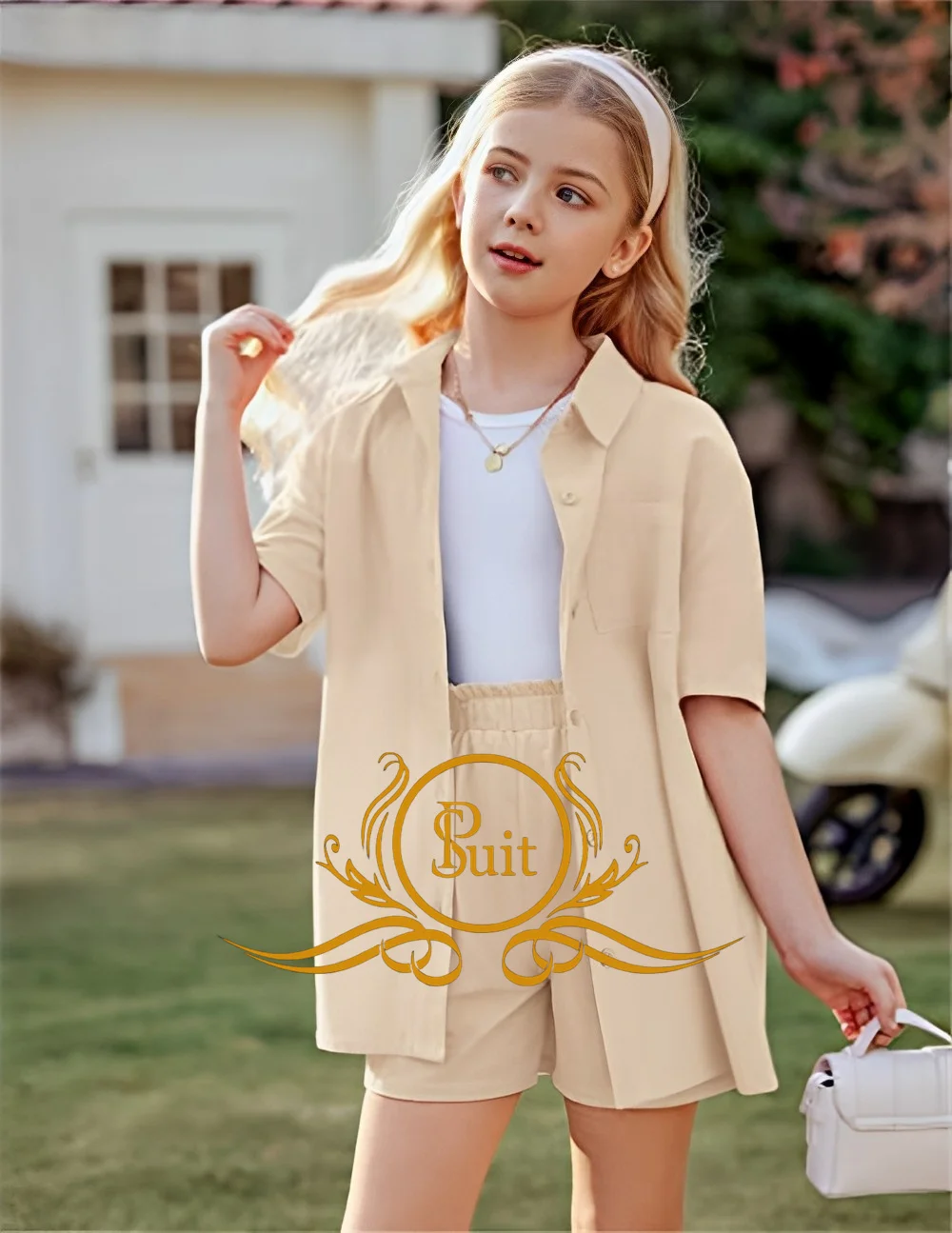 2 Piece Girls Linen Suit Kids Outfit Button Down Short Sleeve Collared Shirt Shorts Set 2-16 Years Old