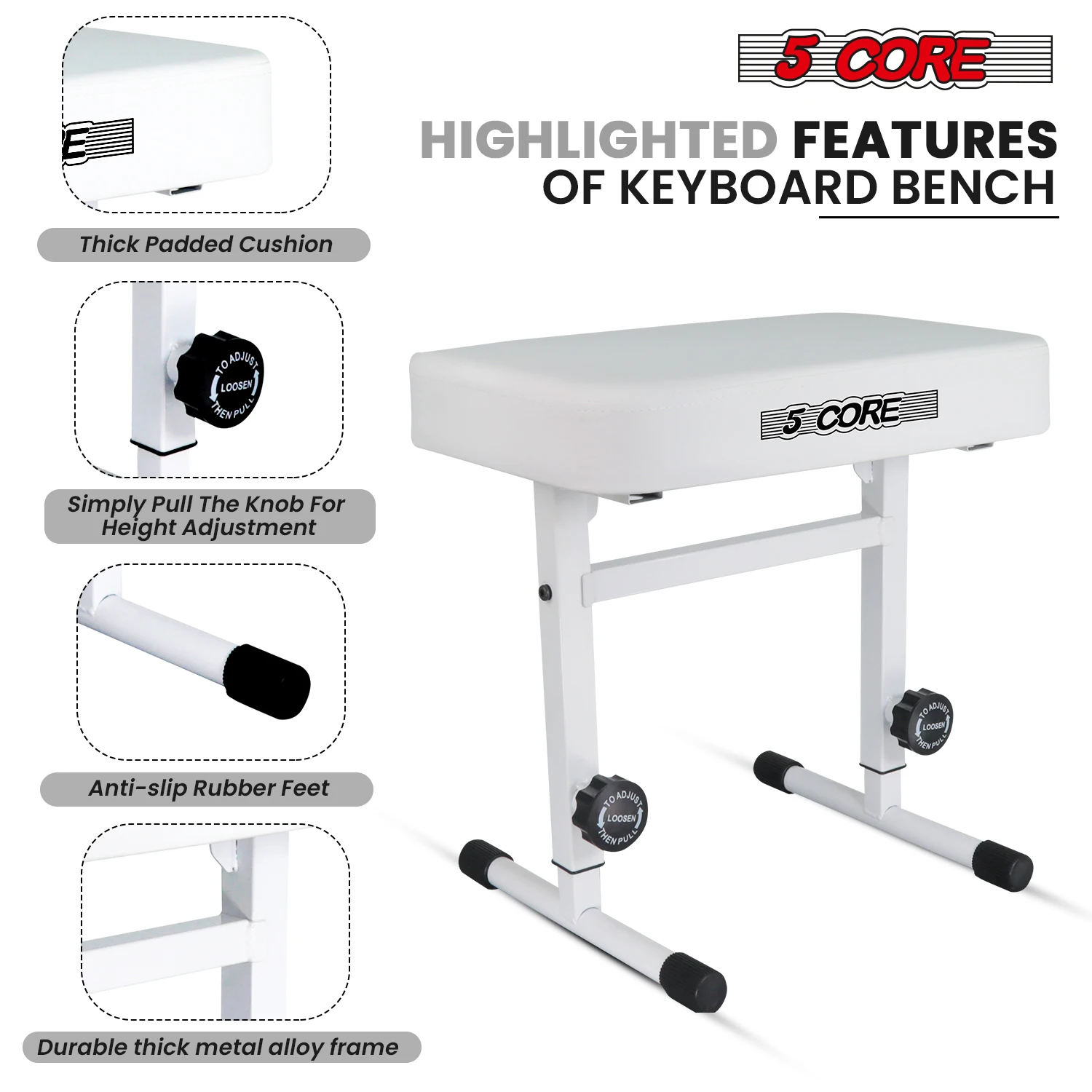 5 Core Keyboard Bench Piano Stool Thick Padded Seat Height Adjustable Keyboard Chair KBB H-ADJ WH view 4