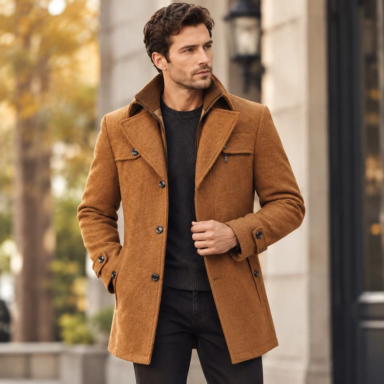 Casual Notched Lapel Belt Fitted with Button Decoration Turn Down Collar Extra Thick No Belt Pocket Wrinkle Finish for Men