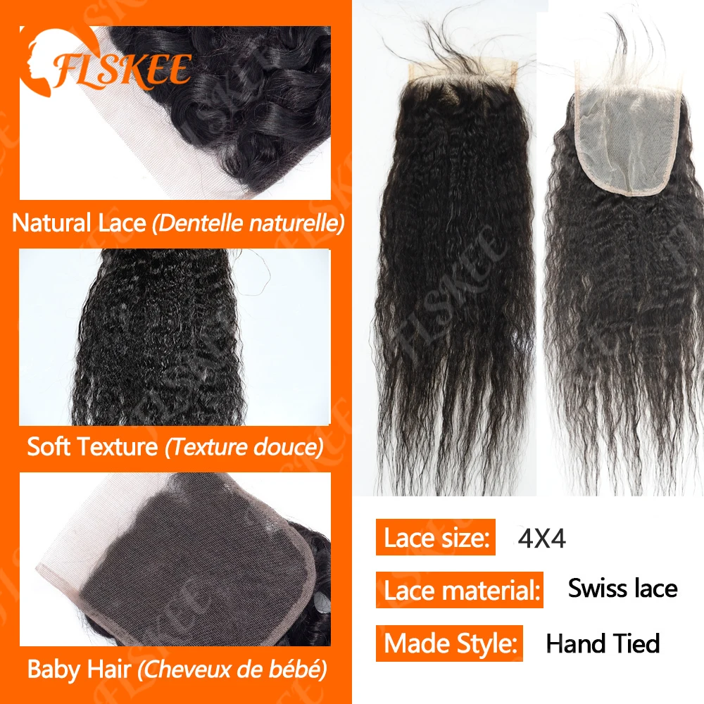 FLSKEE 100% Human Hair Bundles With Closure Kinky Straight Peruvian Raw 3 Bundle With 4x4 Lace Closure Yaki Straight Weave And Closure