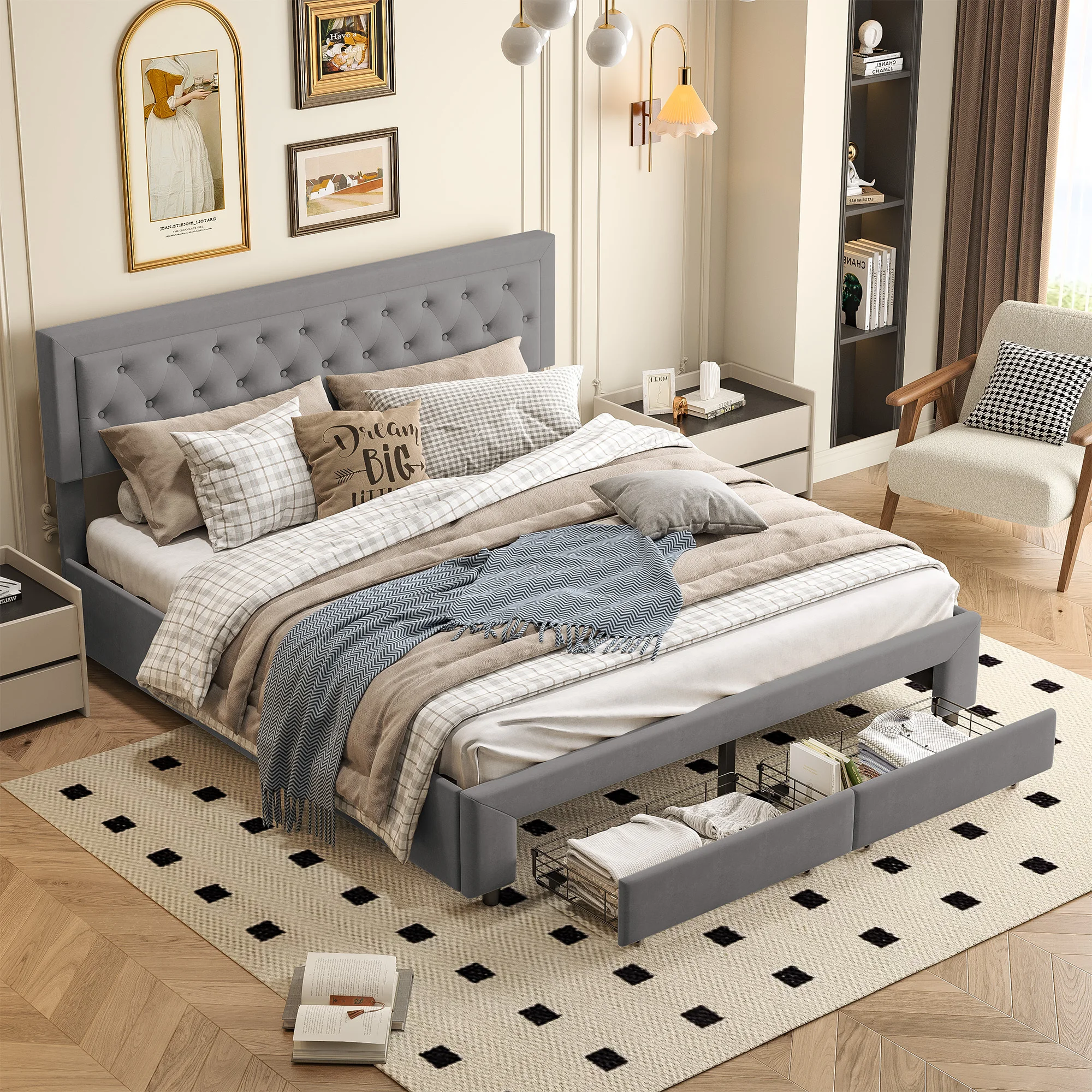 Polsterbett Doppelbett 160x200cm, Samtbett mit Schubladen und Hydraulikbettkasten, Metallgestell mit Lattenrost, Stauraumbett Funktionsbett für Erwachsene & Jugendliche, Schlafzimmer Gästezimmer,