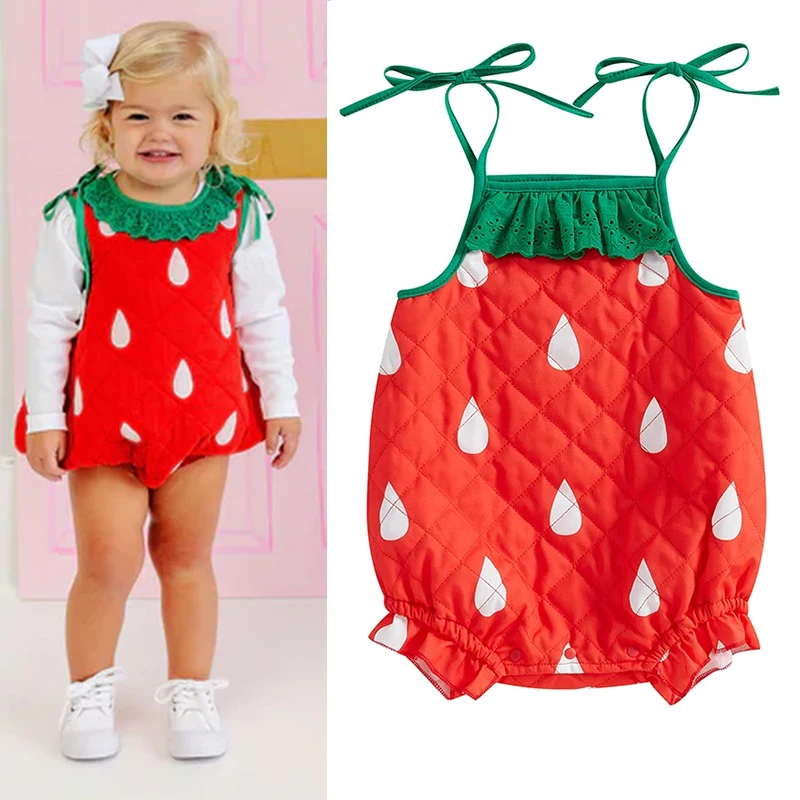 

2025 New Arrival Unisex Infant Tie up Straps Red Strawberry Romper Halloween Costume Baby Strawberry Costume