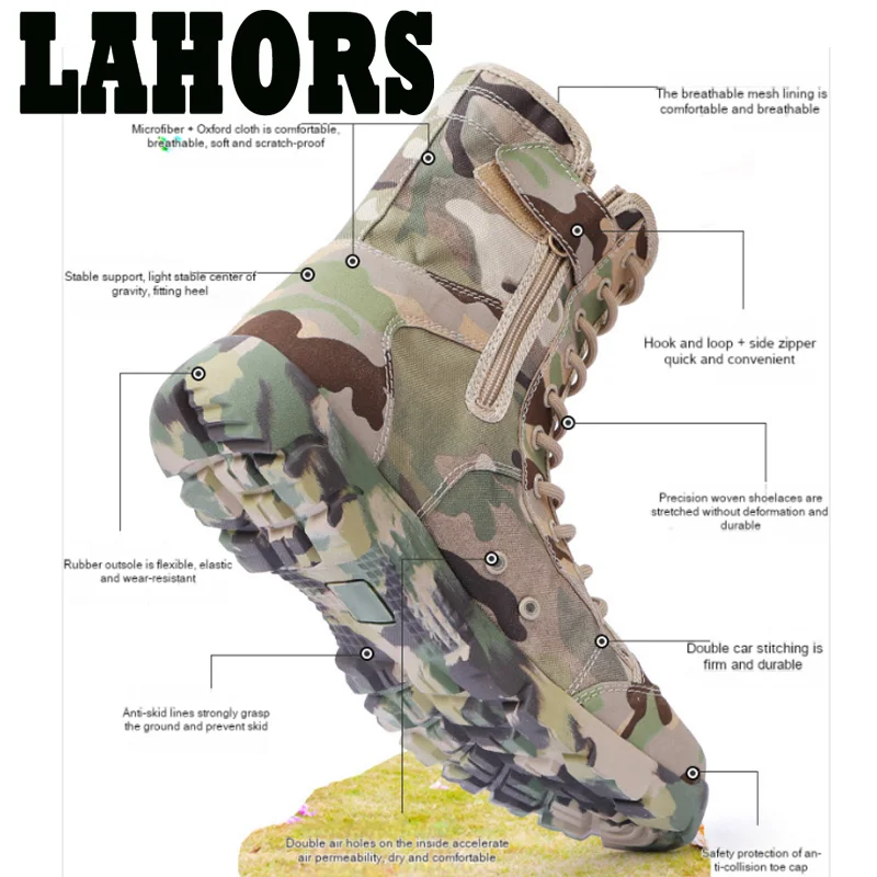 LAHORS Men Tactical Boots Lace Up Waterproof Outdoor Botas Breathable Canvas Camouflage Tactical Combat Desert Ankle Shoes