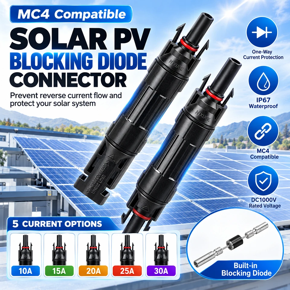 Solar PV Blocking Diode Connector 10A 15A 20A 25A 30A 45V 50V 1000V Anti Reverse Current IP67 Inline Connector for Solar Panels