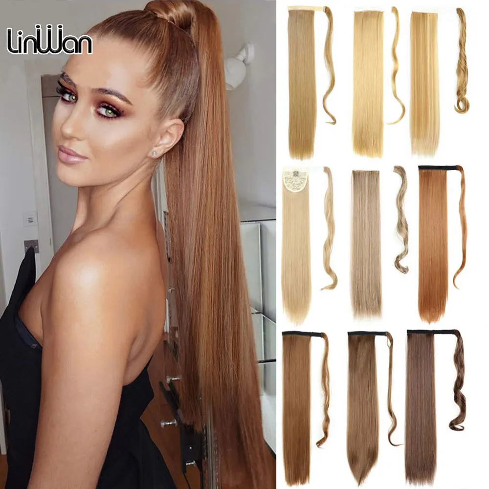 LINWAN Synthetic Long Straight Wrap Around Clip In Ponytail Hair Extension Heat Reistan Pony Tail Fake Hair