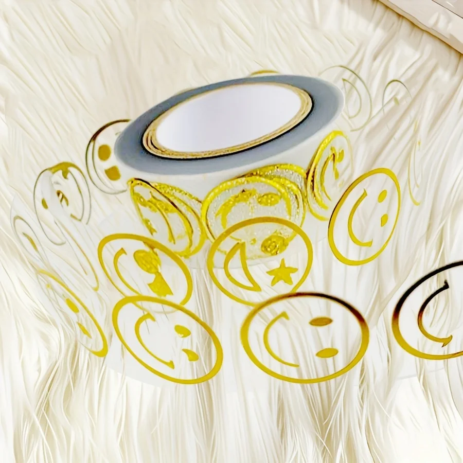 Gold Foil Smile Stickers Roll 500 Pcs, 10 Designs 1 Inch Round Glossy Adhesive Labels for Scrapbooks, Journals, Envelopes
