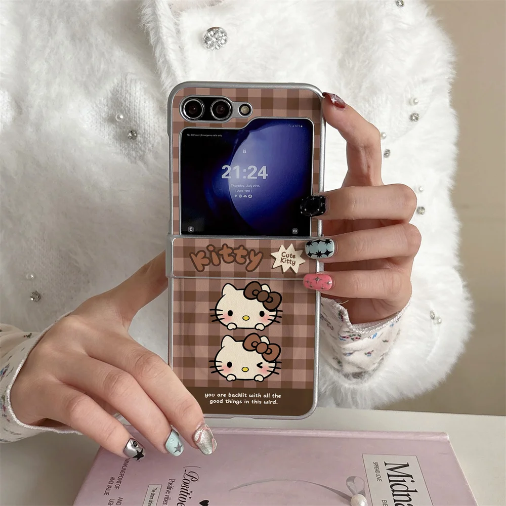 

New coffee colored checkered HelloKitty PU leather case suitable for Samsung Galaxy Z Flip 7/6/5/4 Flip 5 Flip 6 Flip 4 Fro magn