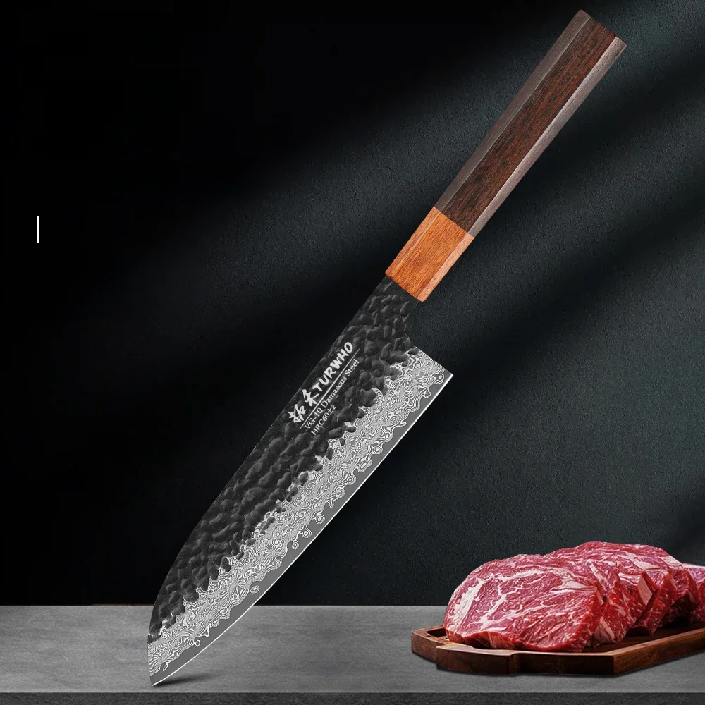 TURWHO 7 cali Stal damasceńska Japońskie noże szefa kuchni Ostre noże kuchenne Narzędzia kuchenne Ręcznie kuty nóż Santoku — zdjęcie 2