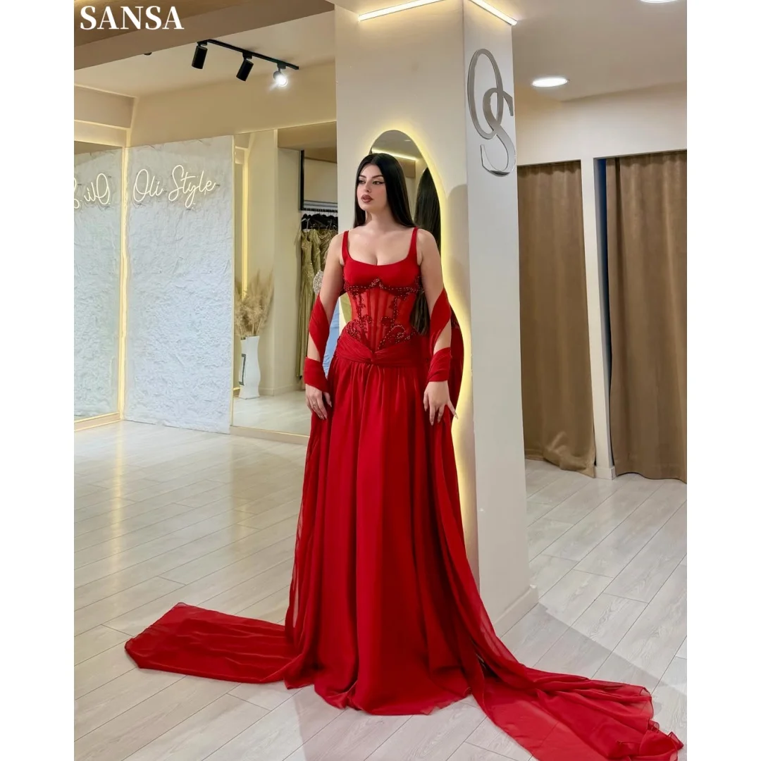 Sansa Customized Scarlet Thin Strap Square Neck Formal Gown Beaded Corset Waist Flowy Chiffon Skirt Side Cape Train Prom Dress