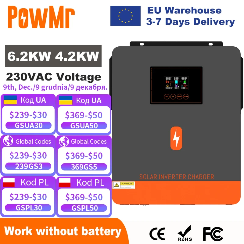 PowMr 6.2KW 4.2KW Hybrid Solar Inverter On Grid Pure Sine Wave Inverter 24V 48V 230V Dual Output with MPPT 120A Solar Charger