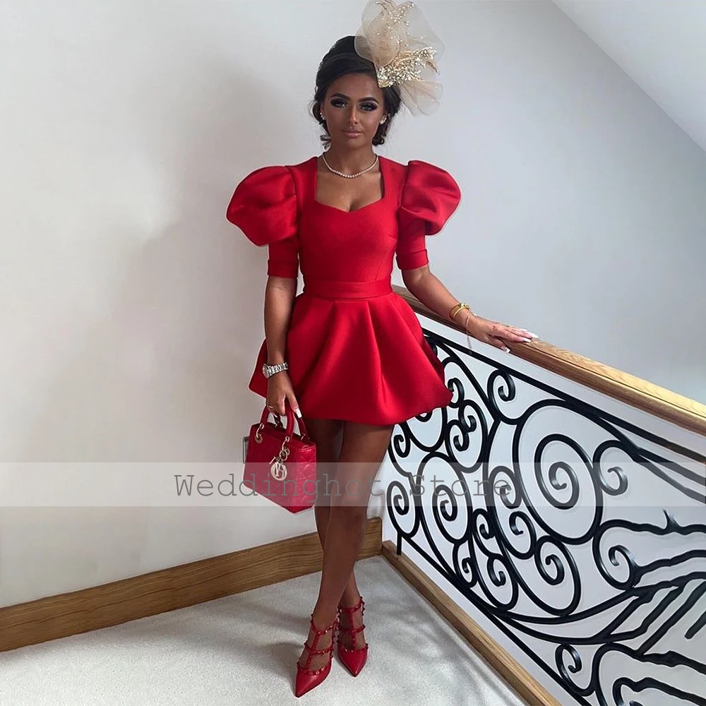 Mini Party Dress for Woman 2024 Red Puffy Sleeves V Neck A Line Short Cocktail Gowns Satin Custom Made