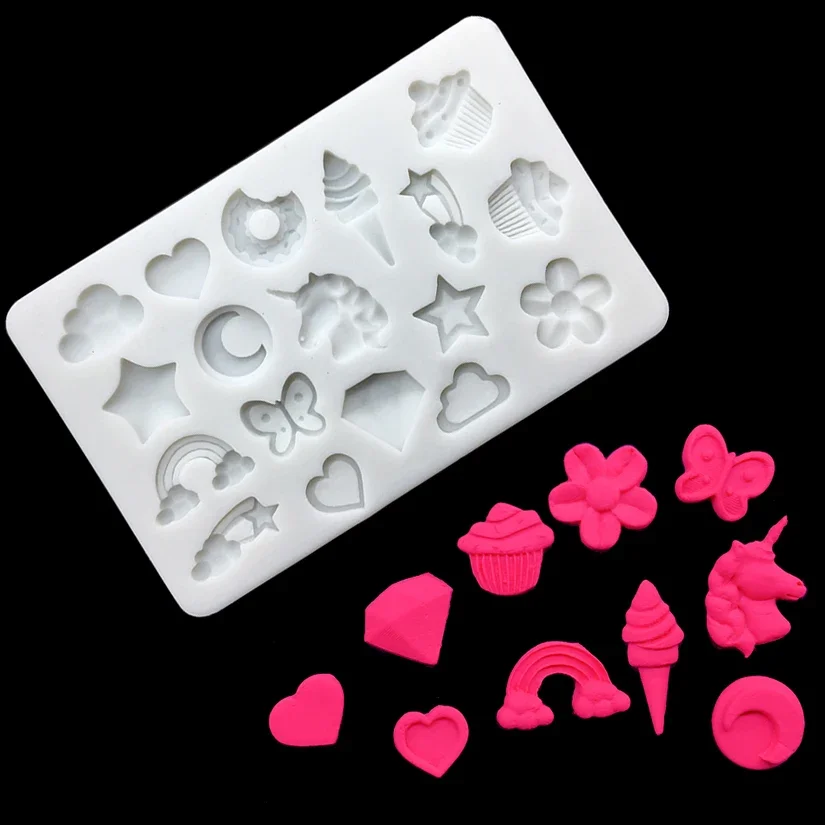 Moule en silicone pour la pâtisserie, le chocolat, les cupcakes, la décoration de gâteaux, le fondant, motifs papillon, licorne, arc-en-ciel, crème glacée