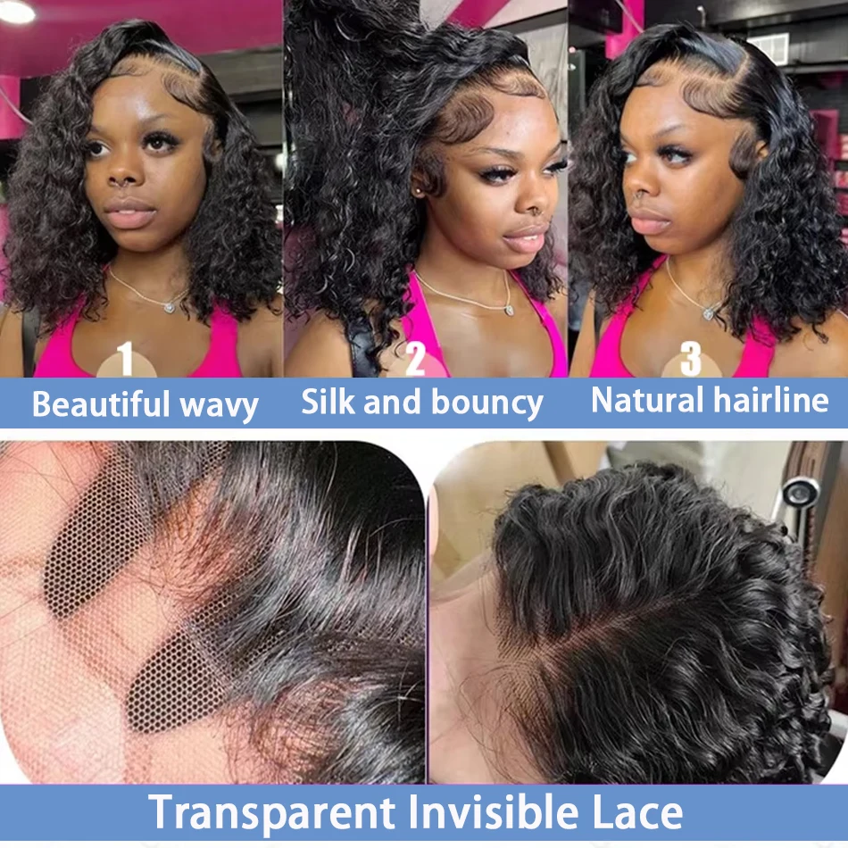 Perruque Bob Lace Closure Wig naturelle Remy, cheveux courts, Deep Wave, 13x4, 4x4, 250% de densité, perruque Lace Front Wig, transparente, bouclée, adt