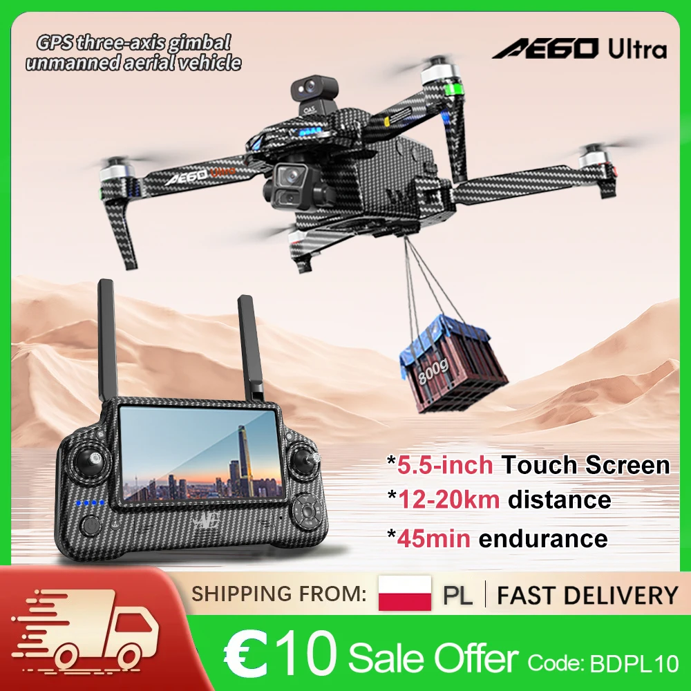 Nouveau drone GPS AE60 avec caméra HD professionnelle 4K, cardan 3 axes sans balais, 360° °   Drone de pêche RC Quadcopter avec évitement d'obstacles par laser, écran tactile 5,5 pouces, télécommande, largage aérien en un clic