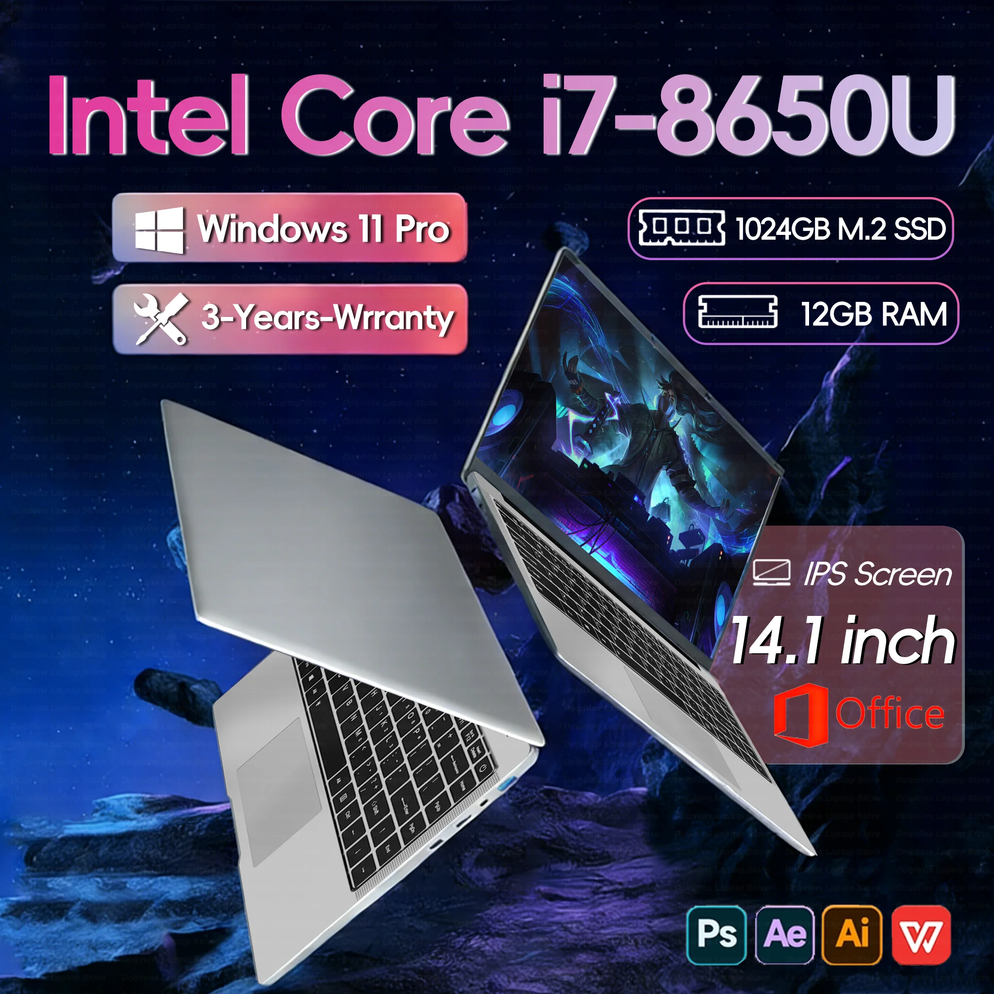 Computadora portátil de 14,1 pulgadas Intel Core i7 8650U 12GB RAM 512GB 1TB 2TB SSD portátil Windows 11 Notebook PC Oficina Estudio Gaming la
