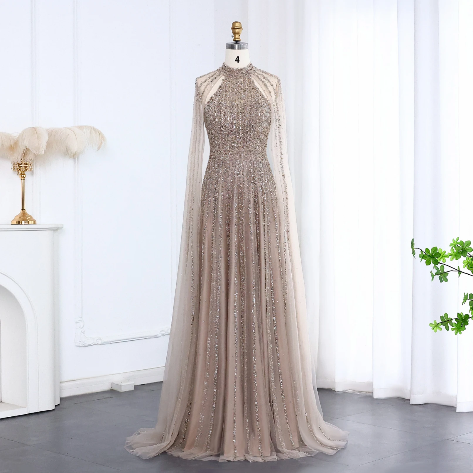 Sharon Said Arabisches Türkisfarbenes Luxus-Abendkleid aus Dubai mit Cape-Ärmeln 2026 Karamell für Damen Hochzeitsfeier SS085 Maßanfertigung – Detail 9