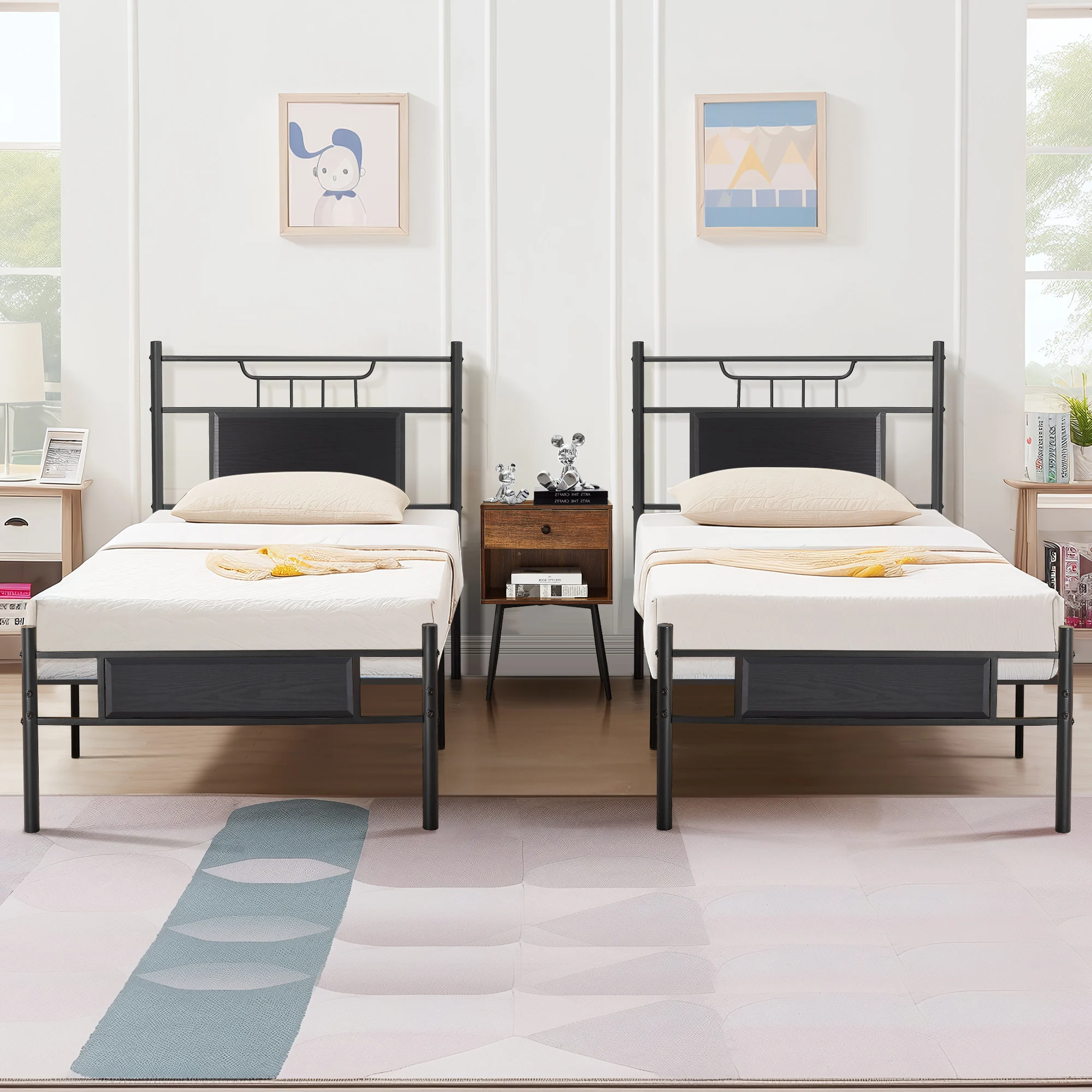 VECELO Twin Size Set Single Bedroom Apartment Two-Pack Twin Bed Frame(Set of 2) Comfortable and Quiet Bed Frame