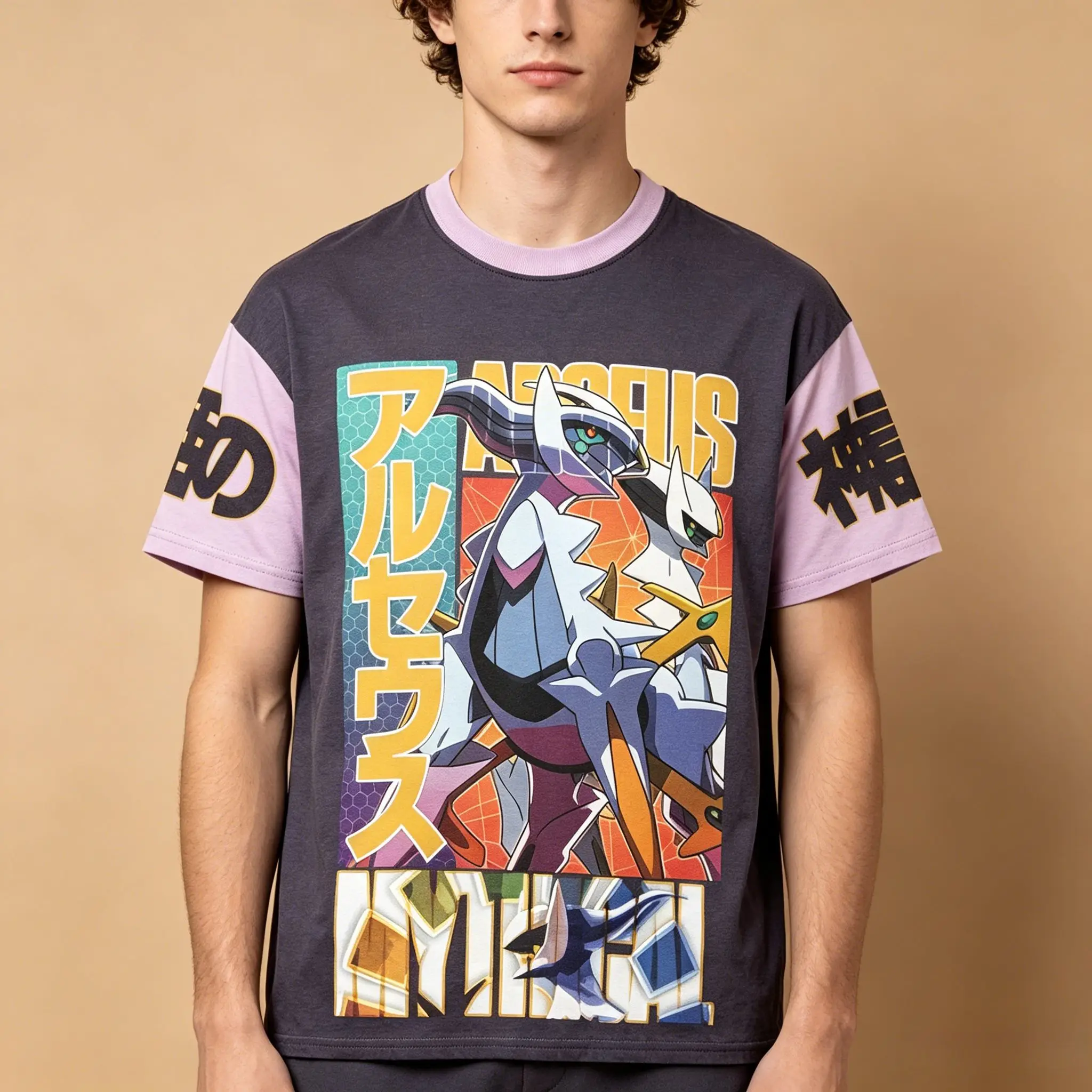 Men's Color Block Raglan Anime T-Shirt, Pokemon Arceus Retro Manga Poster Print Japanese Otaku Casual Short Sleeve Top