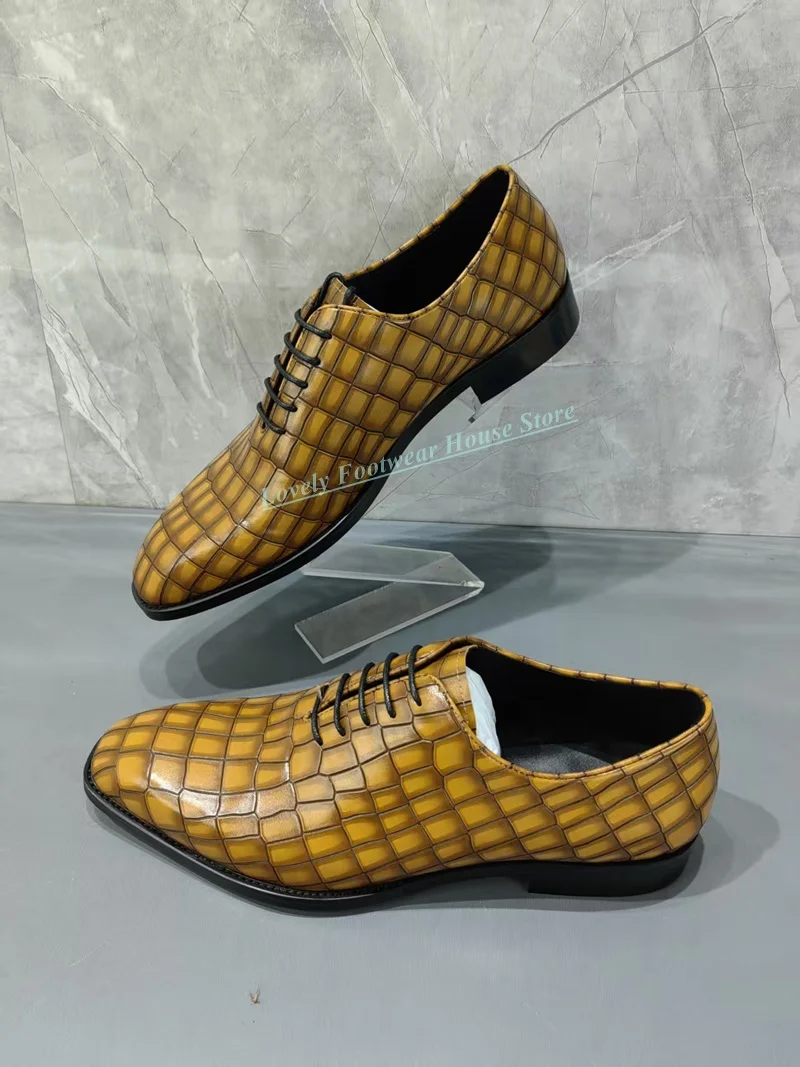

Fashion Crocodile Skin Hand Painted Men's Single Shoes Orange Color Genuine Leather Lace Up Round Toe Party Dress Single Shoes