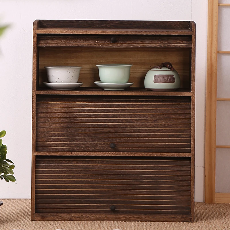 Solid wood roll-up design teacups three-layer storage shelf storage boogie rack teapot rack desktop dustproof tea cabinet