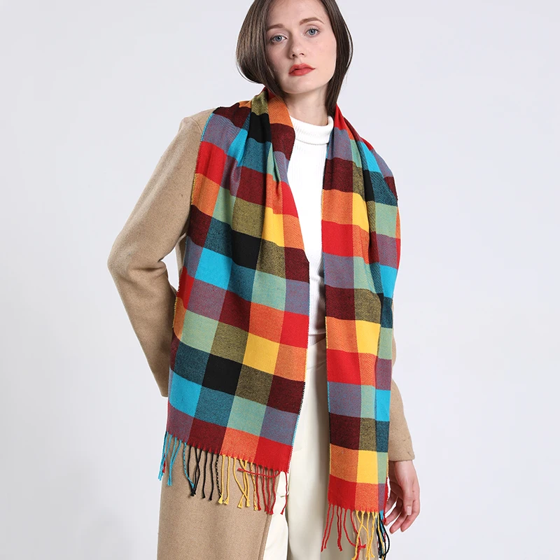 2024 Winter Plaid Warm Scarf Women Cashmere Shawl and Wraps Pashmina Neckerchief Bufanda Female Rainbow Hairy Tessel Echarpe New