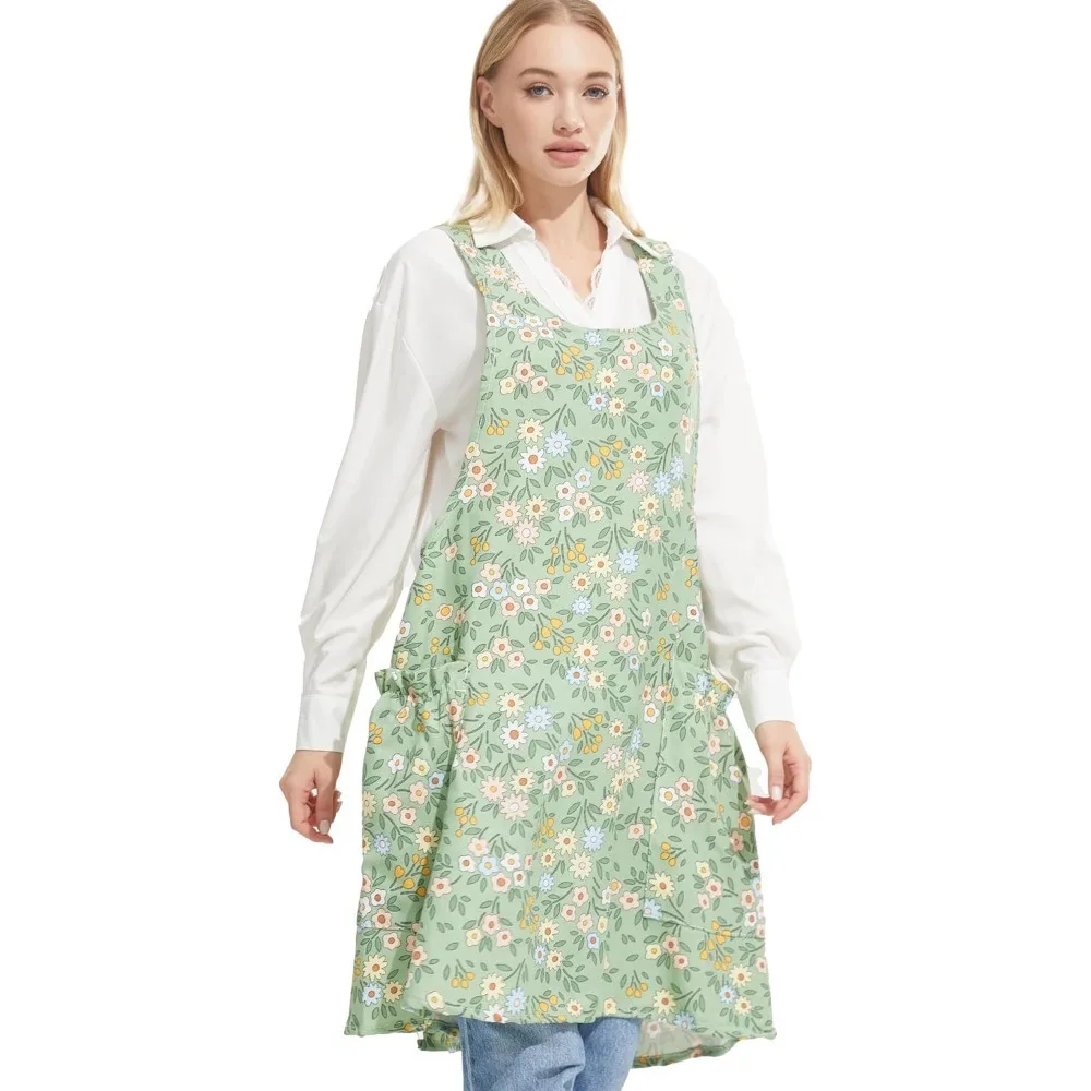 

Cozy Adjustable Cross Back Aprons for Women with Pockets Cotton Linen Cooking Kitchen Baking