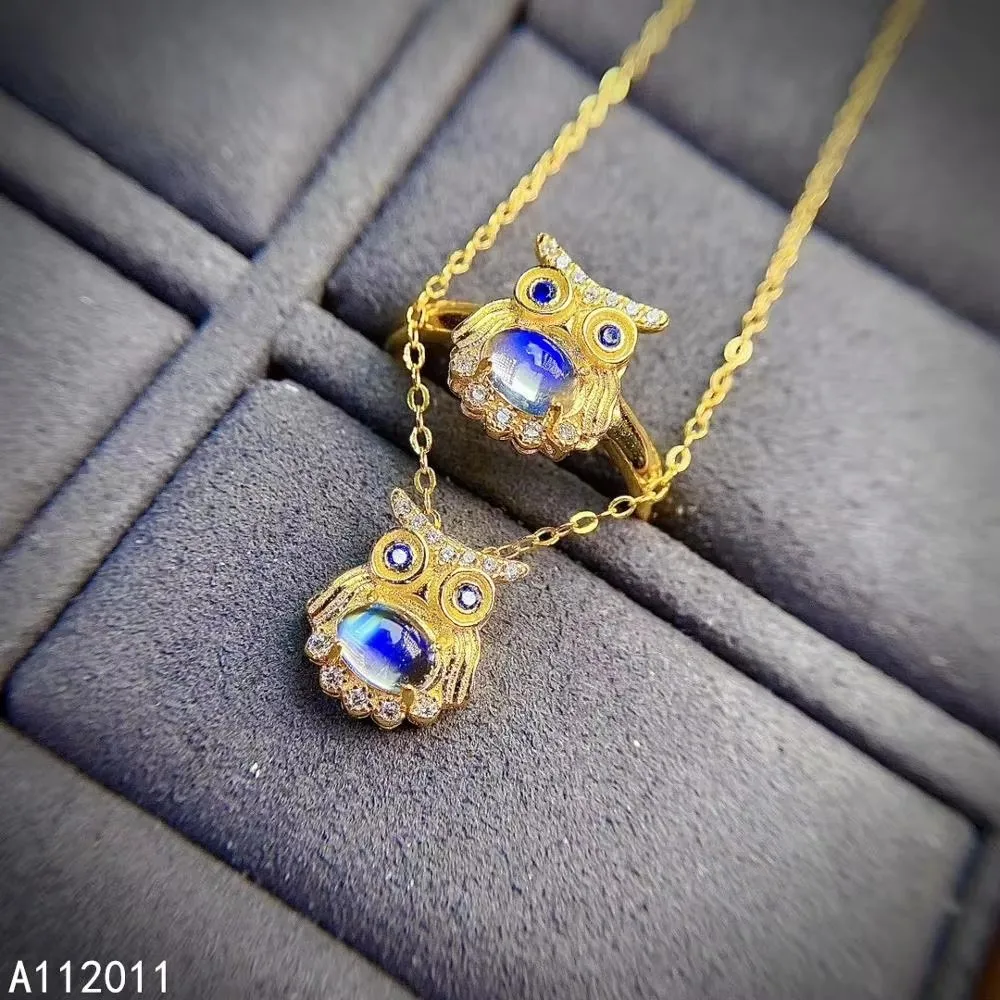 

KJJEAXCMY Fine Jewelry 925 Sterling Silver Inlaid Natural Moonstone Luxury Owl Woman's New Set party birthday Christmas gift 18K