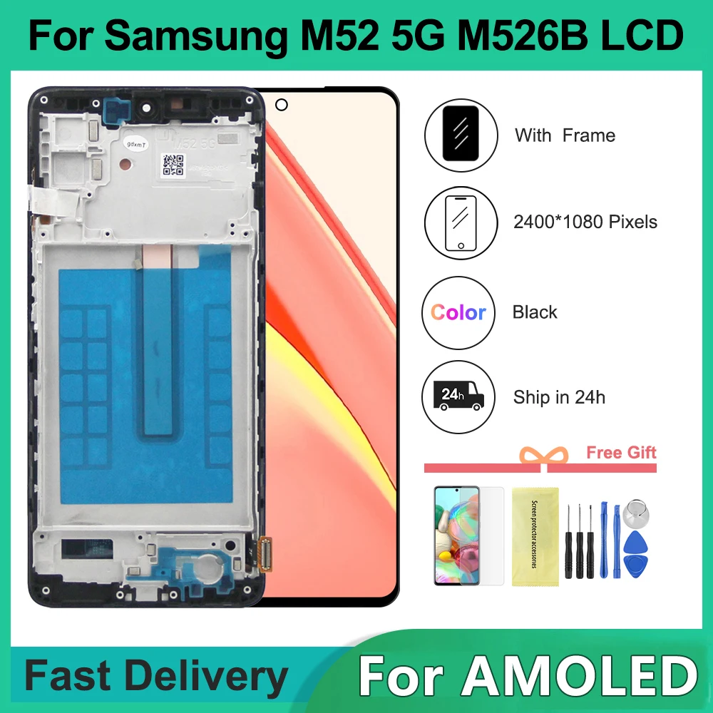 For AMOLED M526B Screen Replacment for Samsung M52 5G SM-M526B/DS SM-M526B/DSN LCD Display Touch Screen + Frame Assembly