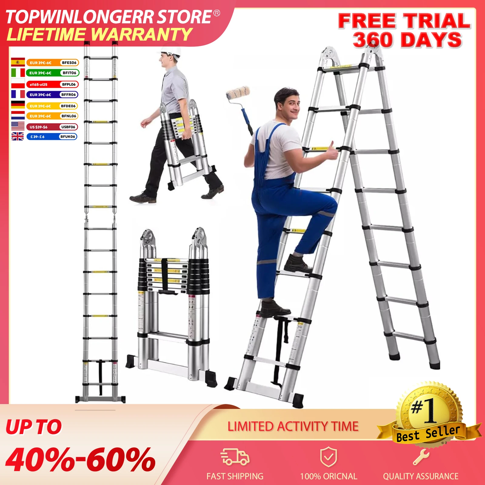 5M Teleskopleiter 16,5 FT Mehrzweck-Metallteleskopleiter mit Stabilisator Kompakte Stufenleiter 330lb Tragfähigkeit (2,5M+2,5M)